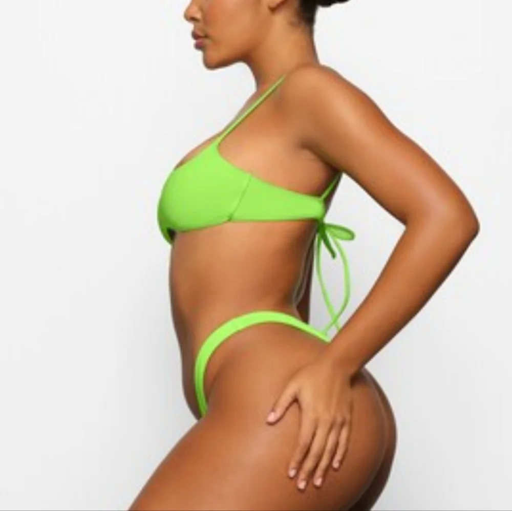 SKIMS Neon Green Bikini Top and High-Waist Shorts Set